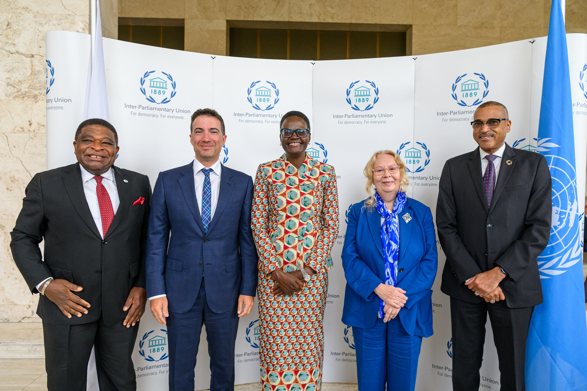 L’accoglienza da parte di Tulia Ackson, Presidente dell’UIP: da sin. Martin Chungong, Segretario generale dell’UIP, Andrea Caron