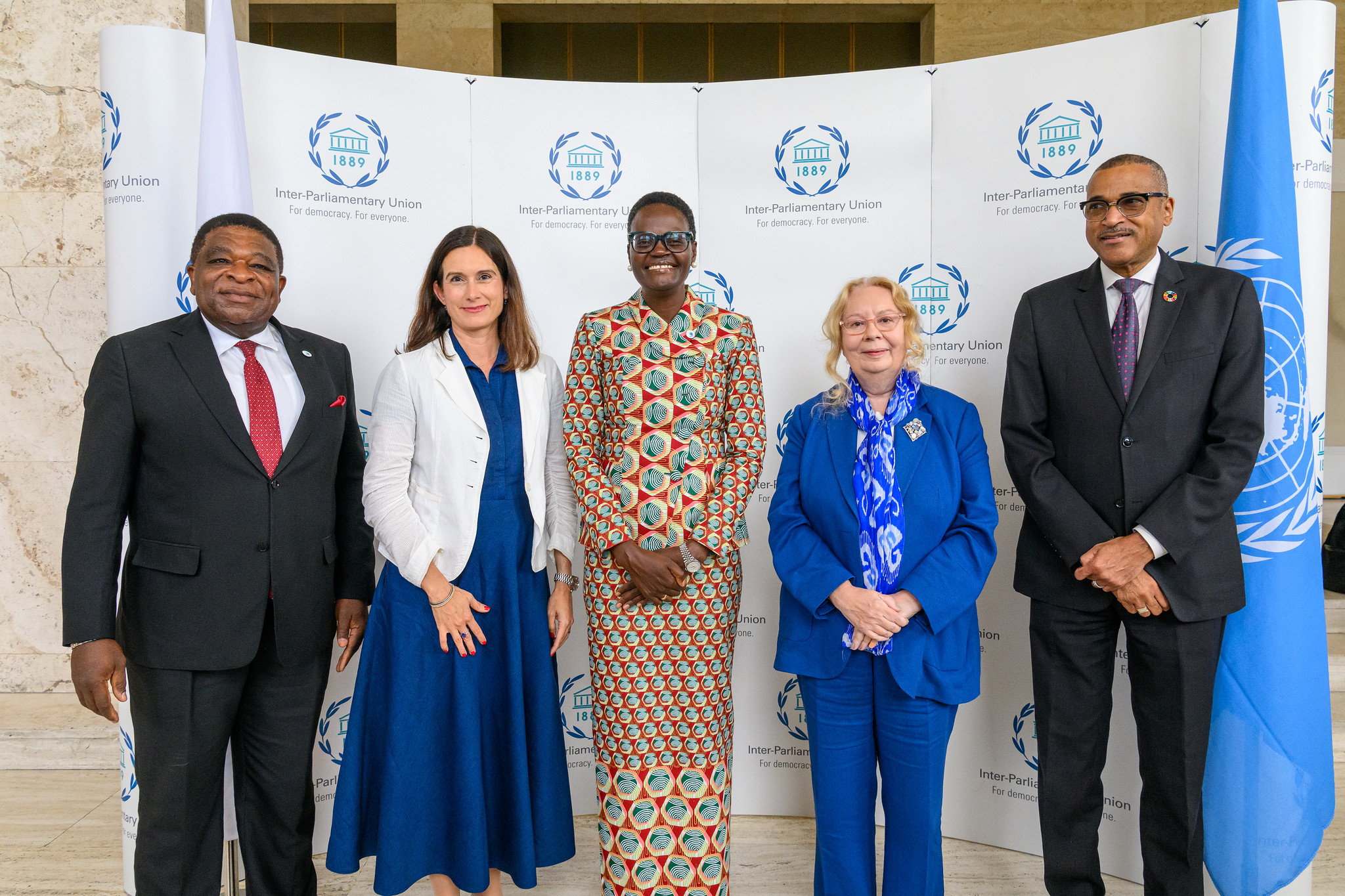 L’accoglienza da parte di Tulia Ackson, Presidente dell’UIP: da sin. Martin Chungong, Segretario generale dell’UIP; Maja Riniker