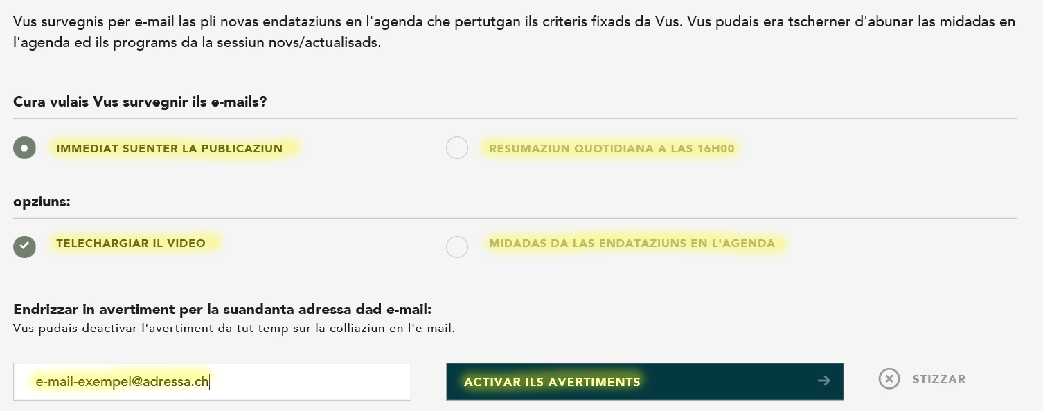 Activar ils avis davart l'agenda 3