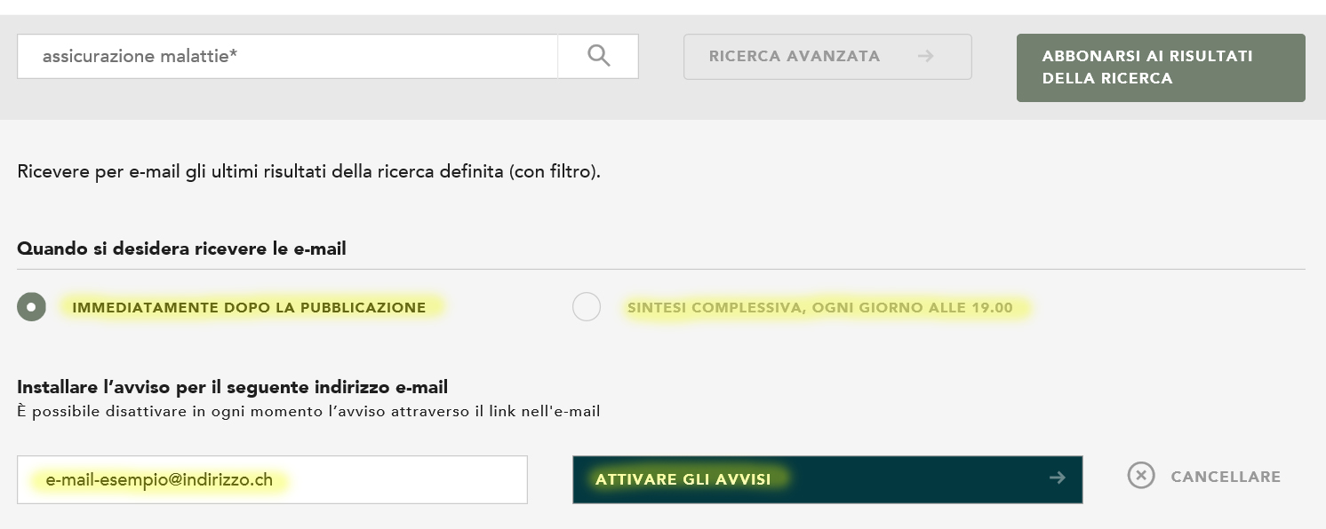 Avvisi relativi ai risultati di una ricerca 3