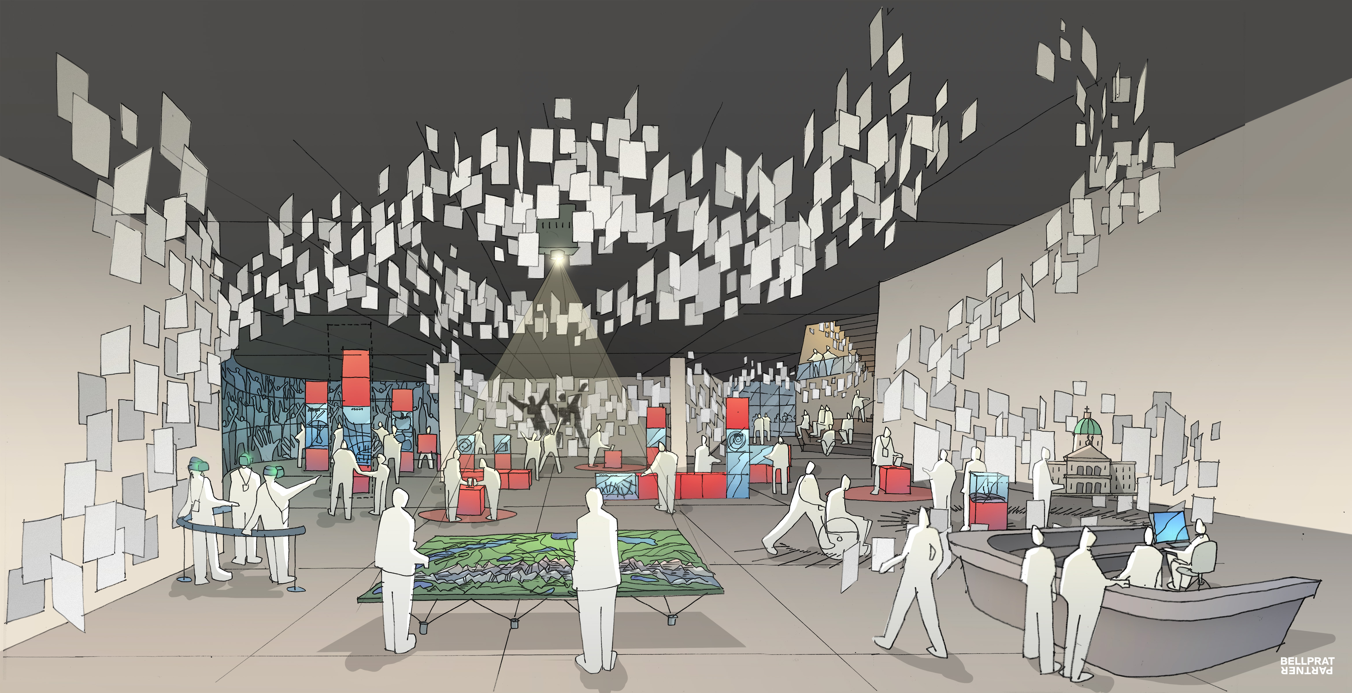 Blick ins Erdgeschoss mit Ausstellung, Visualisierung © Bellprat Partner AG