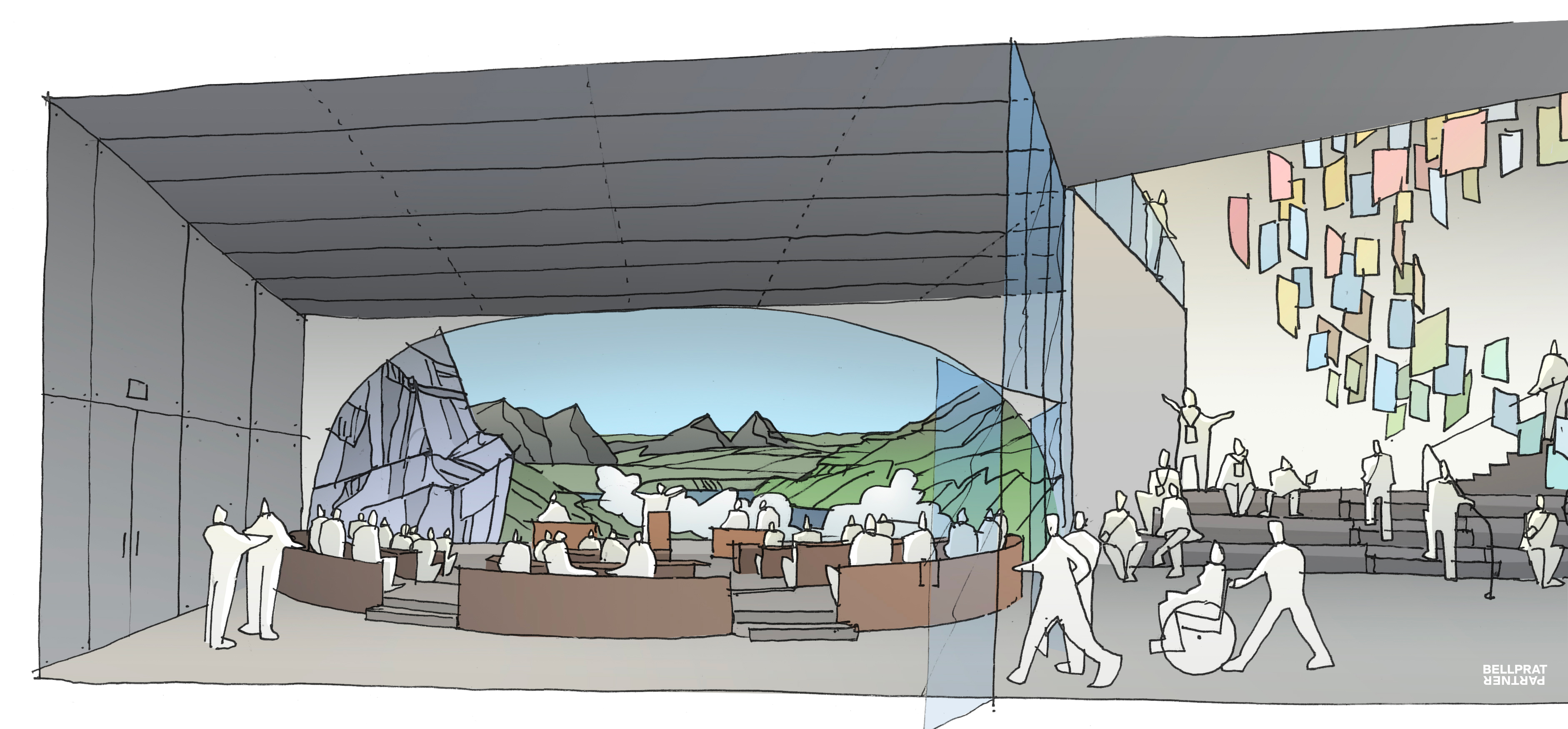 Saal im Erdgeschoss für Bildungsangebote für Schulklassen und Gruppen, die die Session besu-chen, Visualisierung, © Bellprat Partner AG