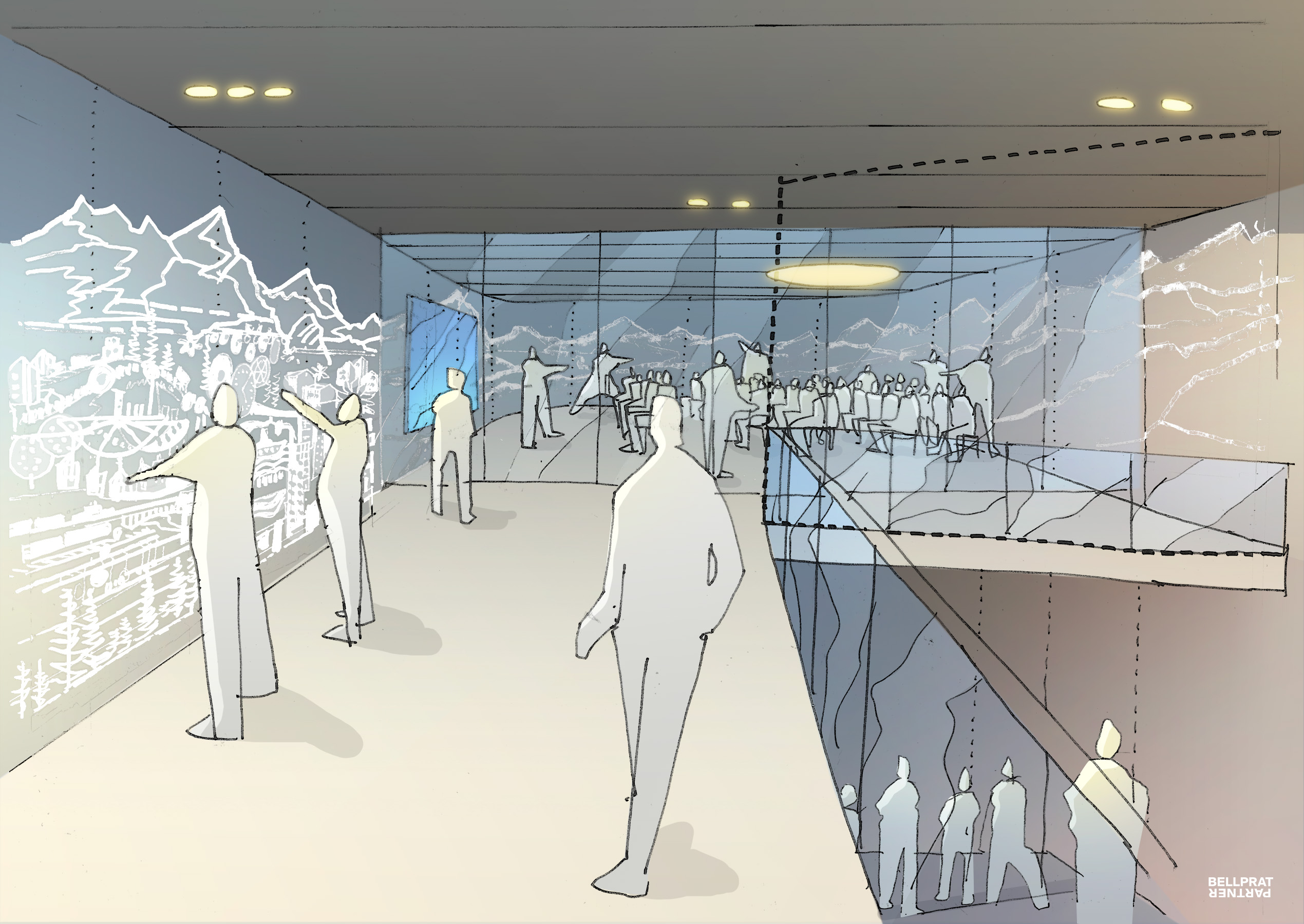Ausstellungs- und Veranstaltungsraum im 1. Stock, Visualisierung © Bellprat Partner AG