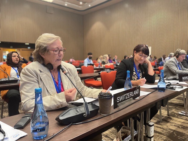 Laurence Fehlmann Rielle et Christine Badertscher défendant les amendements helvétiques lors de la séance plénière de la commission permanente des droits de l’homme et de la démocratie